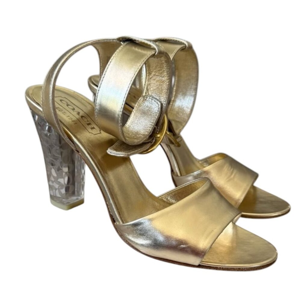 GLAMOUROUS COACH GOLD Ankle Strap Lucite Heel Shoe Brandey Sz 7.5 EUC